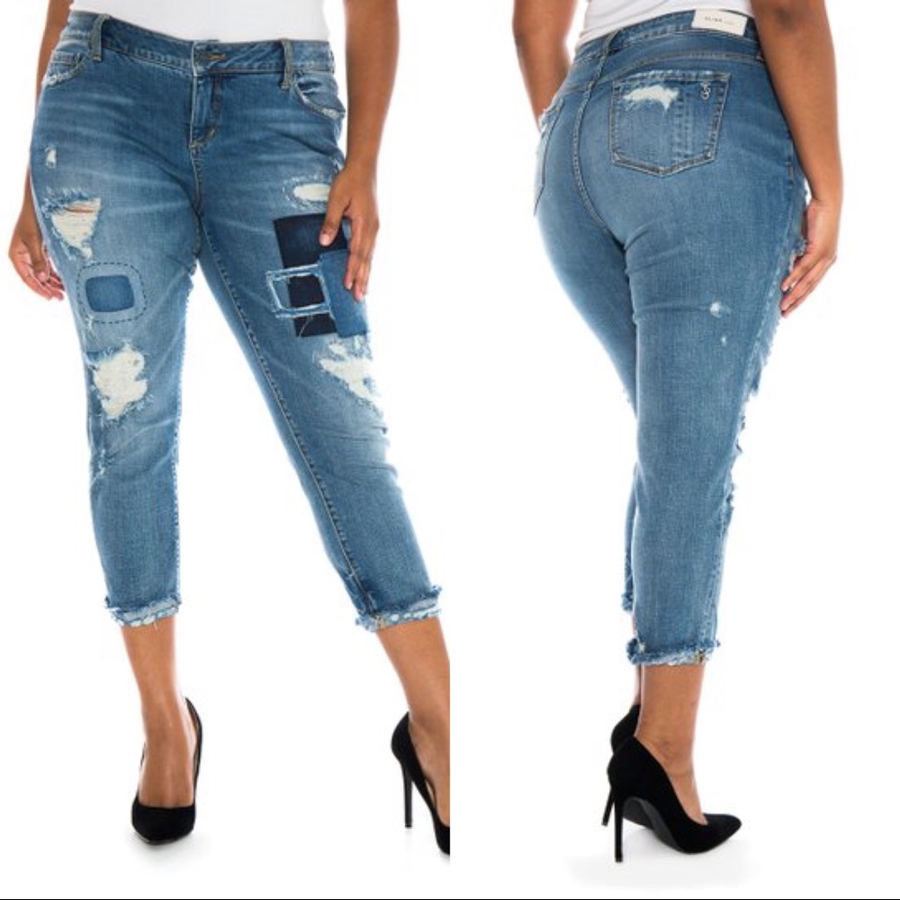 Slink Jeans Hannah Patchwork Curvy Cropped Boyfriend Jeans Medium Wash 6 28 NWT